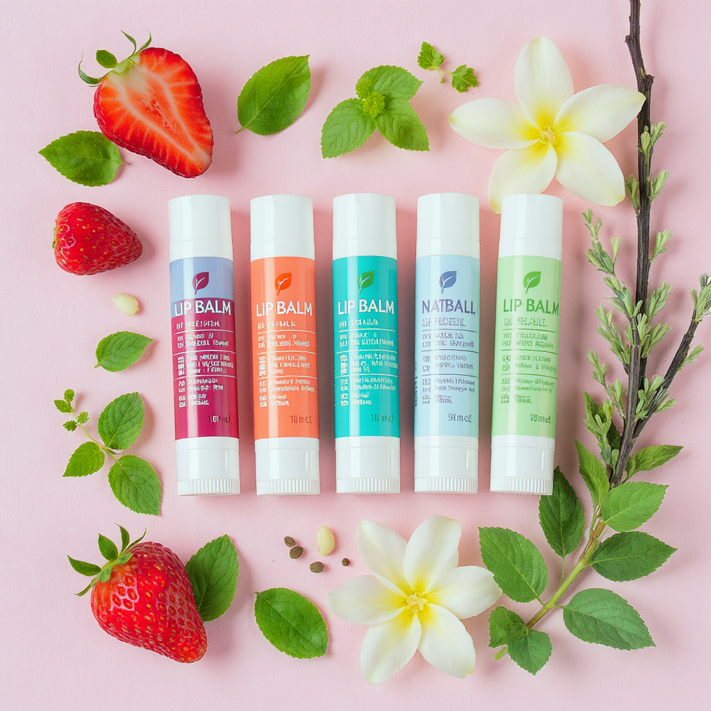 Collection of natural lip balm tubes in various flavors with colorful labels, arranged with fresh fruits and herbs like strawberry, mint, and vanilla on a pastel pink background